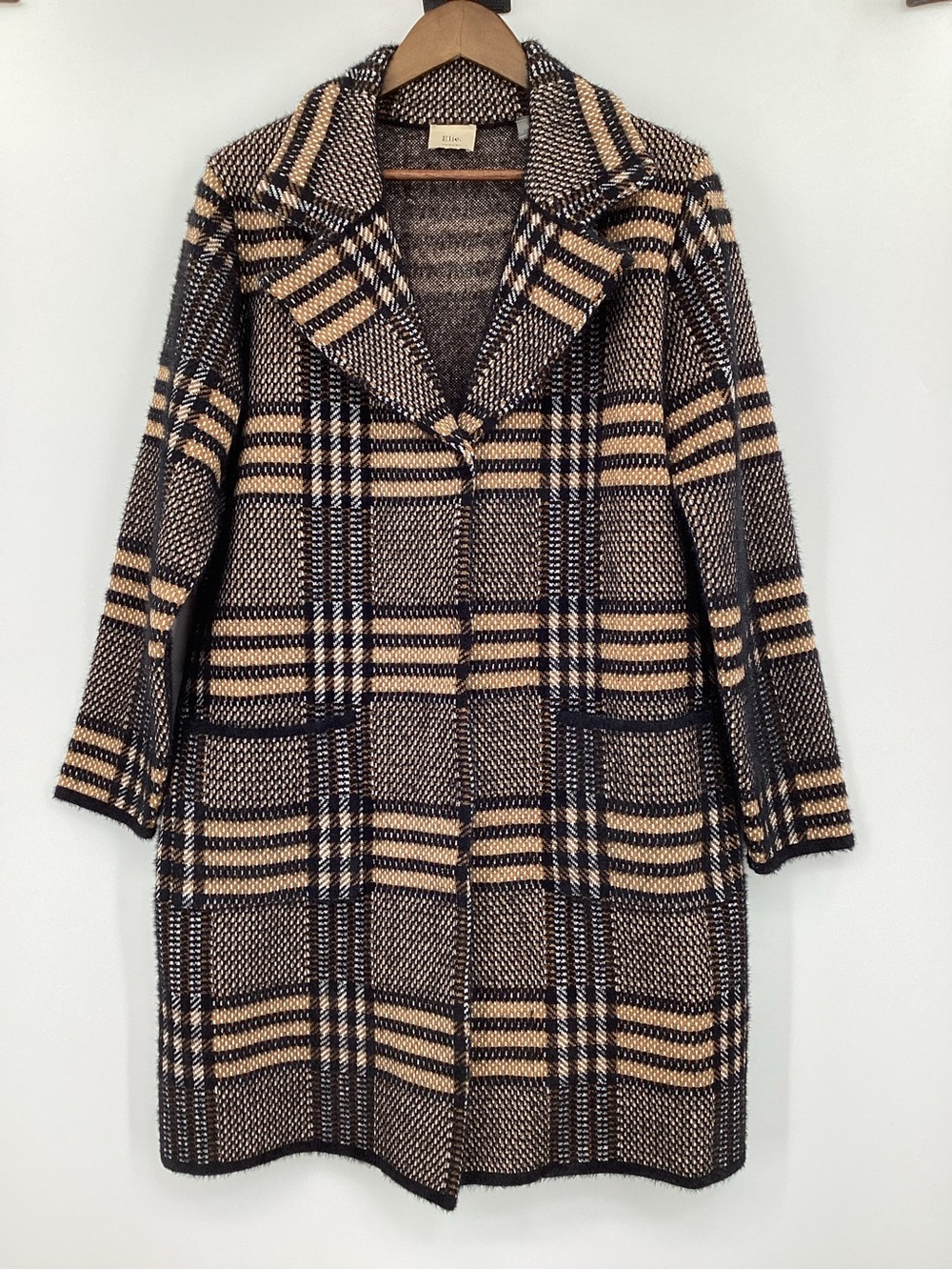 Elie Tahari Black & Tan Plaid Long Pea Coat